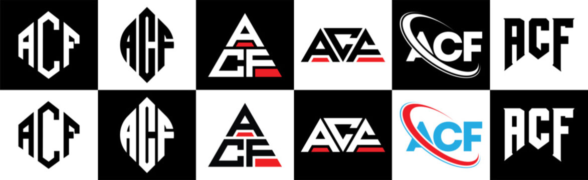ACF letter logo design in six style. ACF polygon, circle, triangle, hexagon, flat and simple style with black and white color variation letter logo set in one artboard. ACF minimalist and classic logo