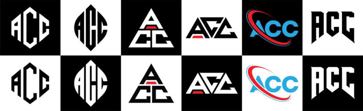 ACC letter logo design in six style. ACC polygon, circle, triangle, hexagon, flat and simple style with black and white color variation letter logo set in one artboard. ACC minimalist and classic logo