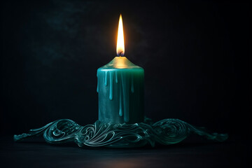 candle green burning with streaks of paraffin on dark background - obrazy, fototapety, plakaty