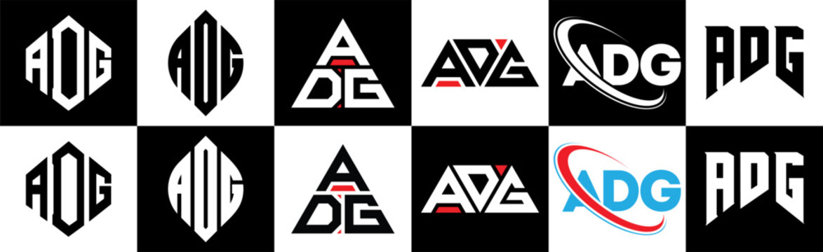 ADG letter logo design in six style. ADG polygon, circle, triangle, hexagon, flat and simple style with black and white color variation letter logo set in one artboard. ADG minimalist and classic logo