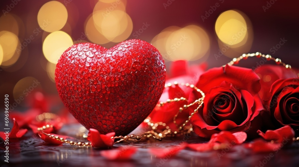 Poster  a red heart sitting on top of a table next to a red rose and a chain with a rose on it.