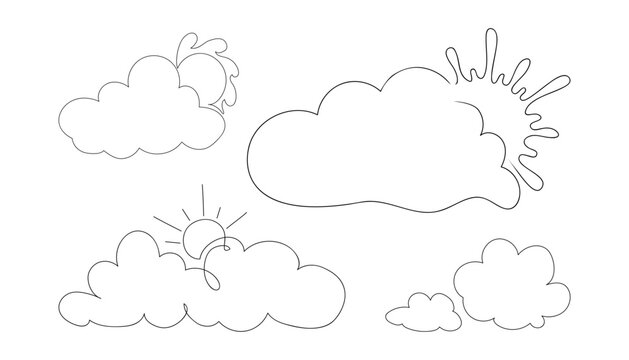 Set of abstract cloud with sun drawn by one line. Sketch. Continuous line drawing cloudy. Creative vector illustration. 