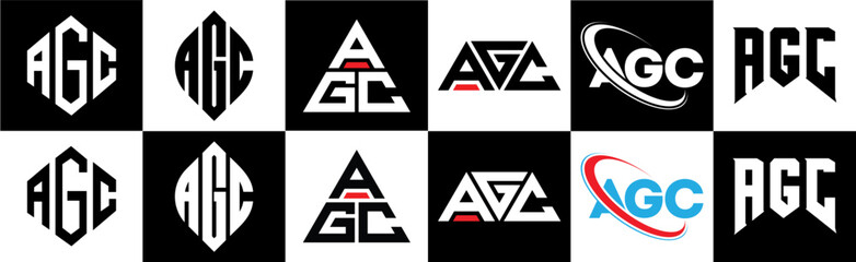 AGC letter logo design in six style. AGC polygon, circle, triangle, hexagon, flat and simple style with black and white color variation letter logo set in one artboard. AGC minimalist and classic logo