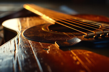 A close up photo shows a guitar chord on a dark background, in the style of light orange and dark brown - Powered by Adobe