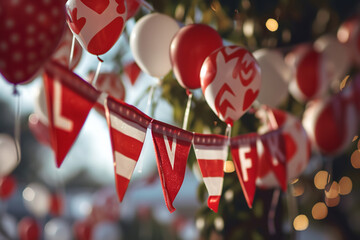 A red and white bunting with the word love and balloon letters, in the style of organic sculpting - Powered by Adobe