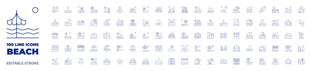 100 icons Beach collection. Thin line icon. Editable stroke. Beach icons for web and mobile app. - obrazy, fototapety, plakaty