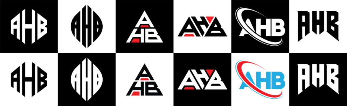AHB letter logo design in six style. AHB polygon, circle, triangle, hexagon, flat and simple style with black and white color variation letter logo set in one artboard. AHB minimalist and classic logo