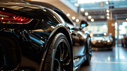 Close up shot of black sports car, showroom background