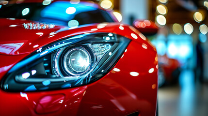 Close up shot of red sports car headlight, showroom background - Powered by Adobe