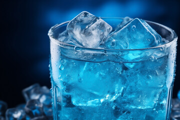 blue carbonated drink with ice cubes close-up with bubbles in glass side view