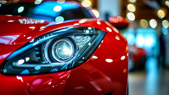 Close up shot of red sports car headlight, showroom background