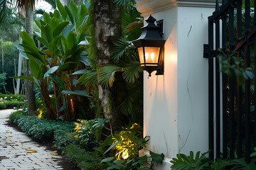 A small outdoor wall sconce against a wall, lighting from wall,many plants around the wall, in the style of tranquil gardenscapes