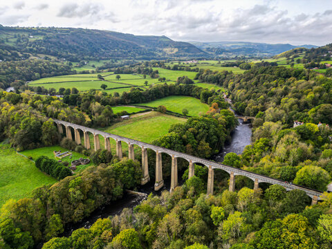 Llangollen canal famous Pontcysylte aqueduct. United Kingdom. Top cinematic aerial view. 