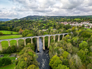 Fototapeta na wymiar Llangollen canal famous Pontcysylte aqueduct. United Kingdom. Top cinematic aerial view. 