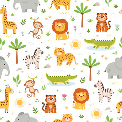 Seamless pattern with wild safari animals: lion, tiger, elephant, leopard, giraffe, zebra, crocodile, monkey on white background. Cute cartoon animal characters for kids. Vector illustration