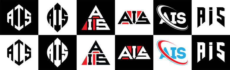 AIS letter logo design in six style. AIS polygon, circle, triangle, hexagon, flat and simple style with black and white color variation letter logo set in one artboard. AIS minimalist and classic logo