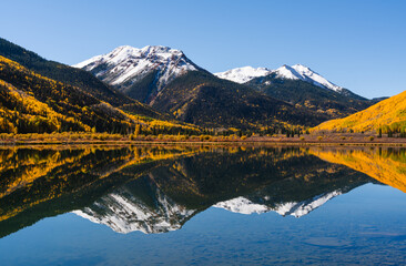 Pristine Landscape Mountain Reflection in Autumn. Crystal Lake Colorado Background Wallpaper