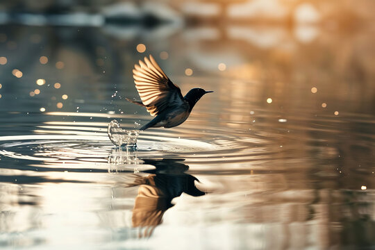Realistic small flying bird over lake, smooth water like a mirror