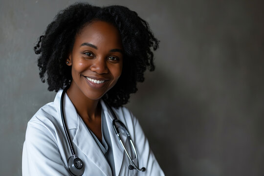Studio photography a black female doctor smiling in front of a grey background
