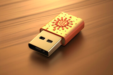 USB flash drive with a pattern resembling a red virus on a yellow background, symbolizing the concept of a computer virus or malware
