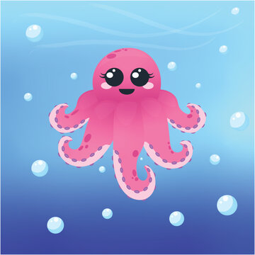 cute pink octopus with dreamy eyes and water bubbles