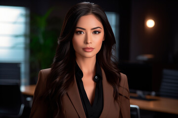 Fototapeta premium a beautiful asianwoman business in the office, strong facial expression, dark white and dark brown, simple, multi-layered