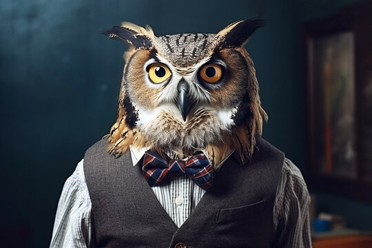 Owl-teacher. eagle owl professor in shirt and bow tie stands against background of chalkboard
