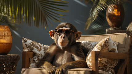 pictures that feature monkeys. A close-up of a monkey relaxing on a beach chair while using sunglasses - obrazy, fototapety, plakaty