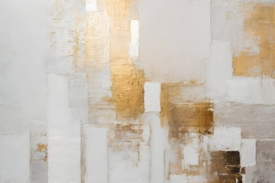 Closeup of abstract gold and white texture background. Visible oil, acrylic brushstroke, pallet knife paint on canvas. Contemporary art painting.