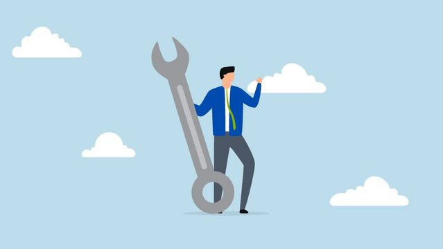 Fix business problem, 4k animation of businessman carrying large wrench metaphorically.