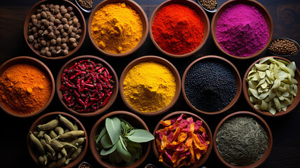 A bird's-eye view of a pungent spice bazaar, displaying a wide variety of vivid spices. - obrazy, fototapety, plakaty