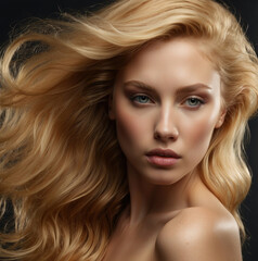 Fototapeta premium Beautiful woman with golden blonde hair with silky texture, shine hair, hair style, beauty model, cute woman hair, warm tone, look eyes, blond hair models, best look, beauty eyes 
