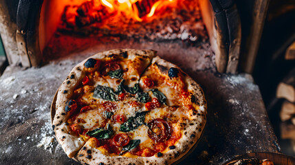 A stunning, freshly cooked Neapolitan pizza has just been taken out of the rustic, traditional pizza oven. Flames in the background. Daylight.