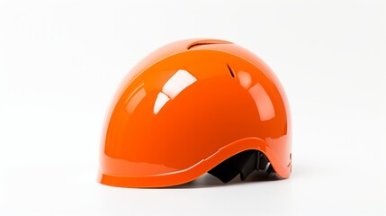 an orange helmet, highlighting its unique shape and impact-resistant shell, perfectly isolated against a clean white background.
