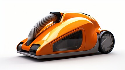 an orange vacuum cleaner, highlighting its innovative features and user-friendly design, perfectly isolated against a clean white background.