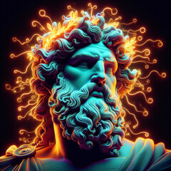 Ancient statue of greek god head. Creative concept colorful neon image with ancient greek sculpture. Webpunk, vaporwave and surreal art style. Modern conceptual art.