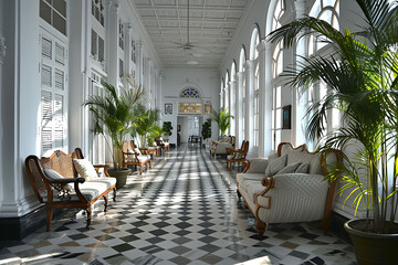 Interior of the hotel lobby with armchairs and plants, wicker furniture.  3d render