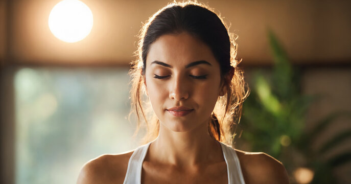 A serene image capturing a woman in a state of deep meditation, with closed eyes and a focus on the Ajna or third eye chakra symbol.