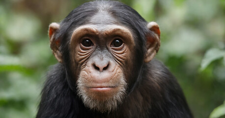 A heartwarming portrait capturing the cuteness of a baby chimpanzee happily eating. - obrazy, fototapety, plakaty