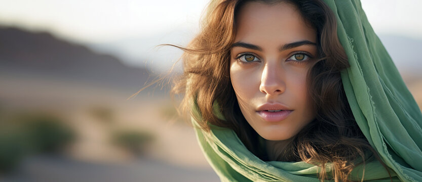 Close up portrait of young beautiful Middle Eastern woman In Hijab with desert dunes in the background.