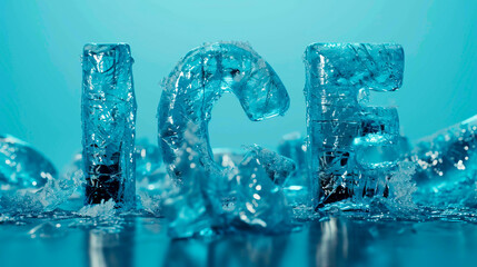 The word 'ICE' sculpted in frozen text on a cool blue background.
 - obrazy, fototapety, plakaty