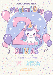 Birthday invitation card design with number, unicorn and balloons. Two year. Vector illustration of template on colorful background. Invitation for children. Ready to use and editable template.