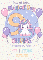 Birthday invitation card design with number, unicorn and balloons. Nine year. Vector illustration of template on colorful background. Invitation for children. Ready to use and editable template. 