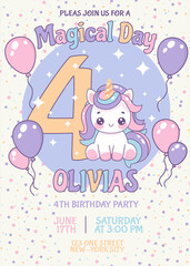 Birthday invitation card design with number, unicorn and balloons. Four year. Vector illustration of template on colorful background. Invitation for children. Ready to use and editable template. 