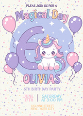 Birthday invitation card design with number, unicorn and balloons. Sixe year. Vector illustration of template on colorful background. Invitation for children. Ready to use and editable template. 