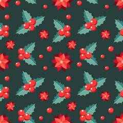 Christmas holly berries and poinsettia, seamless pattern for gift wrapping paper, festive design, traditional background.