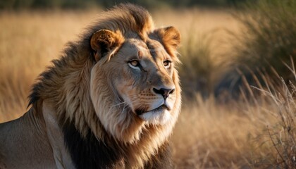  a close up of a lion in a field of tall grass with a blurry background of the grass and the grass in the foreground is brown and the lion is looking at the camera.