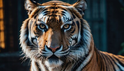  a close up of a tiger's face looking at the camera with a blurry background of trees and a building in the backgropped out background.