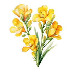 Obraz premium Bouquet of Elegant Blooming Vibrant Yellow Freesia Flower Botanical Watercolor Painting Illustration