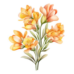Fototapeta na wymiar Beautiful Blooming Yellow And Orange Freesia Flower Bouquet Botanical Watercolor Painting Illustration